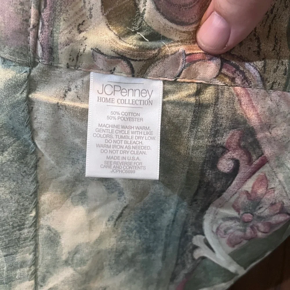 Vtg JCPenney Home Collection Floral Scroll Ruffle Shower Curtain Green Pink USA